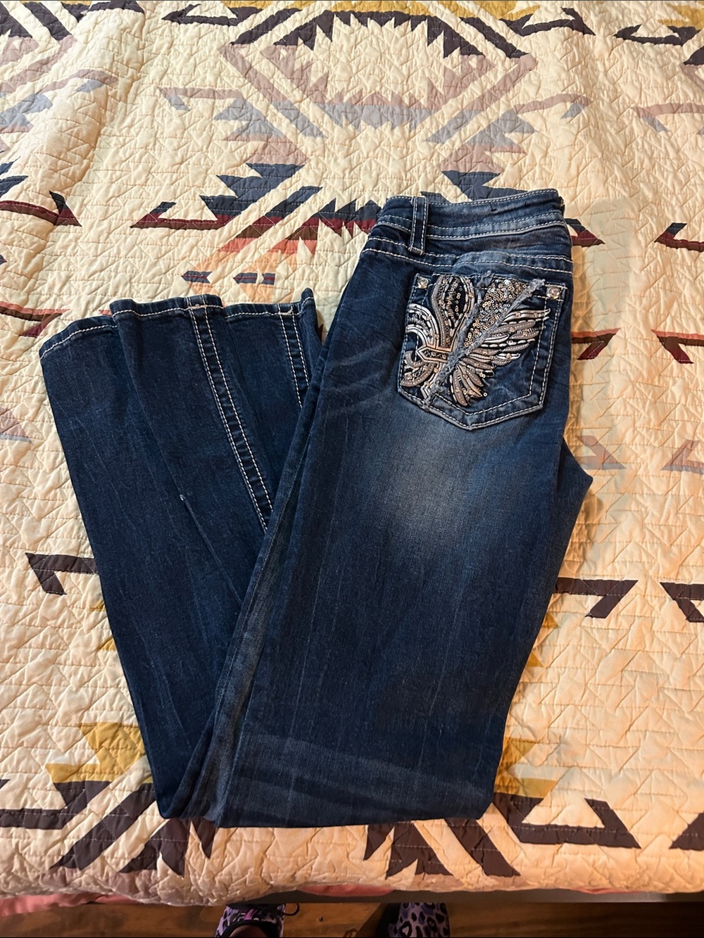 Miss Me Dark Blue Bootcut Jeans with Embellished Back Pocket